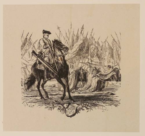 Menzel, Adolph von -  -  - Ein Dragoner reitet vor den Trophäen von Hohenfriedberg mit gesenktem Pallasch nach rechts