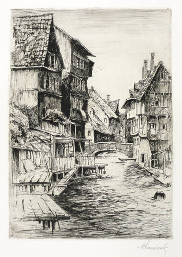 Hellingrath, Fritz von -  -  - Ohne Titel (Alte Häuser am Bach)