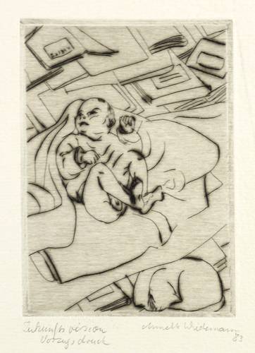 Wiedemann, Annette -  -  - Zukunftsvision (Säugling mit Katze auf dem Schreibtisch)