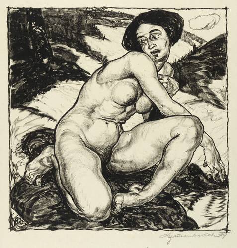 Brusenbauch, Arthur -  -  - Kauernder Akt in der Landschaft