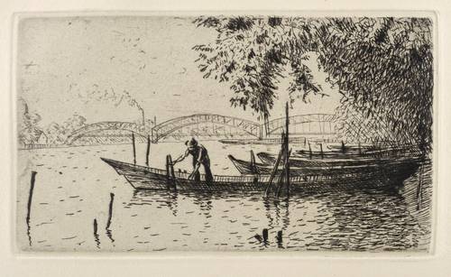 Hoffmann, Werner Ernst Albert -  -  - Ohne Titel (Boote vor Flussbrücke)