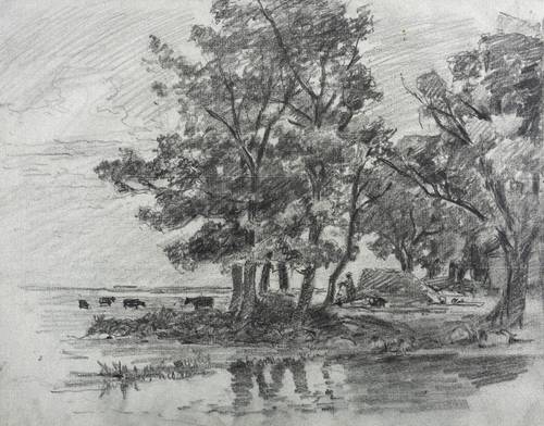 Deutscher Zeichner -  -  - Bäume am Wasser (Holland)