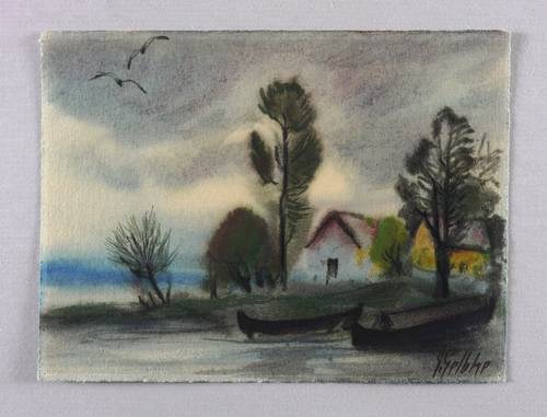 Gelbke, Georg -  -  - Häuser und Boote am Ufer