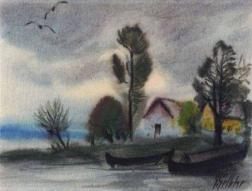 Gelbke, Georg -  -  - Häuser und Boote am Ufer