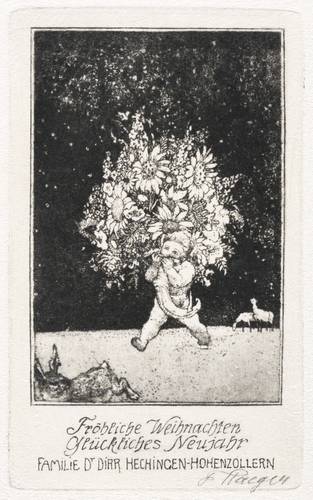 Staeger, Ferdinand -  -  - Grußkarte Familie Dr. Dirr (Knabe mit Füllhorn und Blumen)