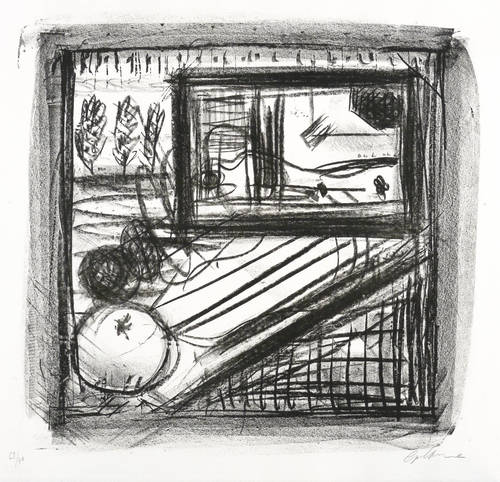 Goltzsche, Dieter -  -  - Komposition mit Früchten (Stillleben mit Gartenblick)