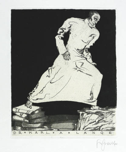 Frank, Sepp -  -  - Exlibris Dr. Karl A. Lange (Über Bücherberge Schreitender)