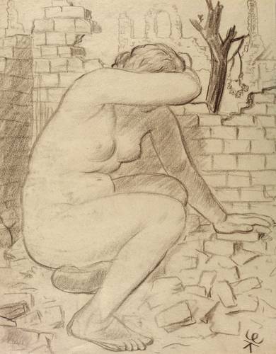 Enderlein, Karl -  -  - Kauernder Akt vor Ruinen