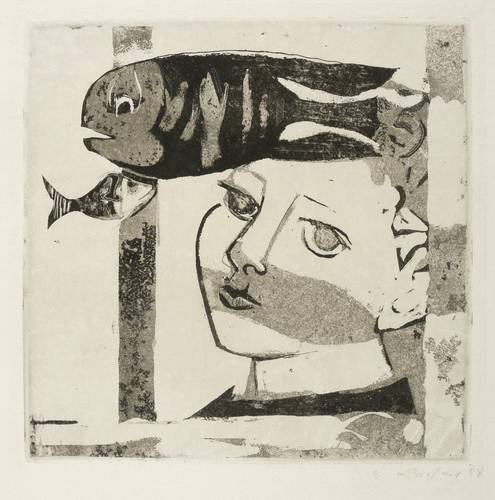 Lachnit, Wilhelm -  -  - Kopf mit Fisch (Junge mit Aquarium)