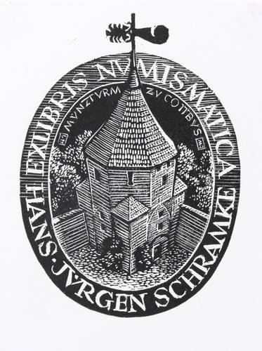 Deutscher Grafiker -  -  - Exlibris numismatica Hans-Jürgen Schramke (Münzturm Cottbus)