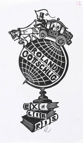 Schmid, Hubert -  -  - Exlibris Roland Gottschlig (Reisekutsche auf Globus)