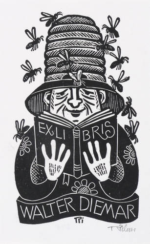 Richter, Willi -  -  - Exlibris Walter Diemar (Imker beim Lesen)