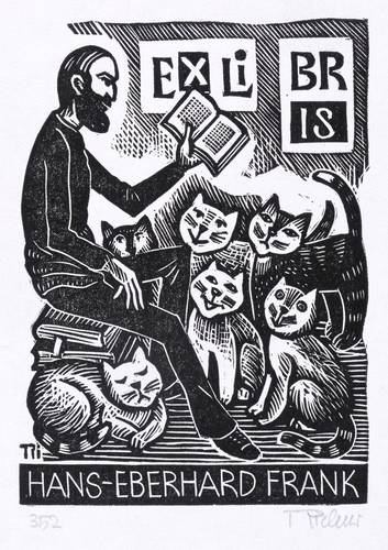 Richter, Willi -  -  - Exlibris Hans-Eberhard Frank (Leser mit Katzenrudel)