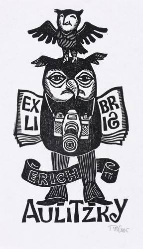 Richter, Willi -  -  - Exlibris Erich Aulitzky (Eule mit Fotoapparat)
