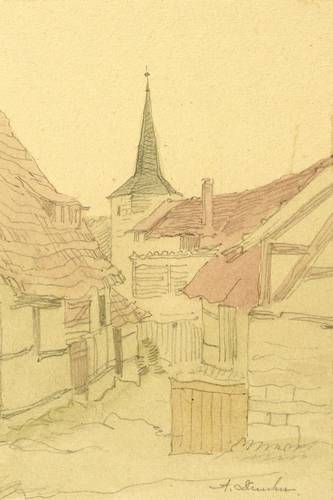 Drescher, Arno -  -  - Dorfansicht mit Kirchturm