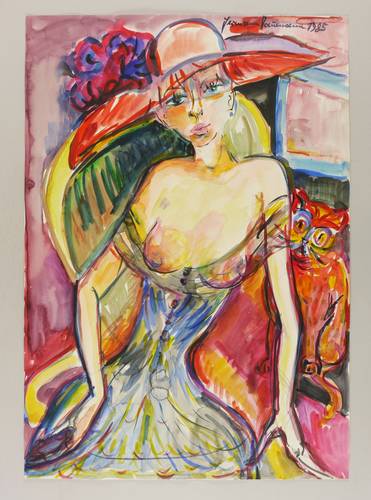 Naumann, Hermann -  -  - Dame mit Hut und Katze