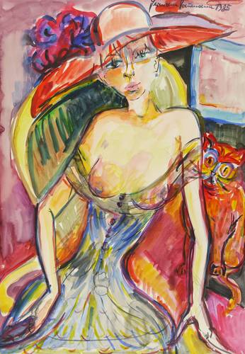 Naumann, Hermann -  -  - Dame mit Hut und Katze
