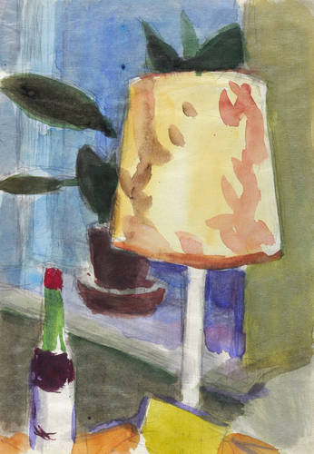 Pukall, Egon -  -  - Interieur mit Stehlampe und Weinflasche