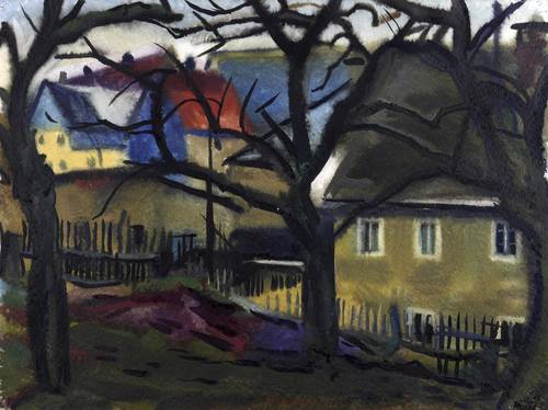 Querner, Curt -  -  - Häuser und Zäune hinter Bäumen (In Börnchen)