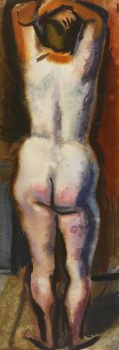 Querner, Curt -  -  - Stehender weiblicher Rückenakt, die Arme über dem Kopf