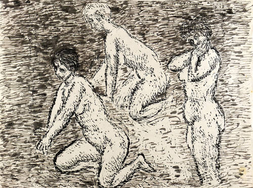 Rudolph, Wilhelm -  -  - Zwei kniende und ein stehender Frauenakt