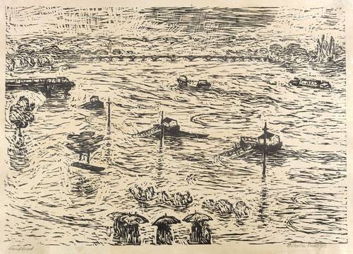 Rudolph, Wilhelm -  -  - Elbehochwasser mit Schiffsanlegern (Elbbrücke bei Hochwasser)