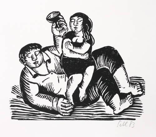 Sell, Lothar -  -  - Mann mit Weinglas und kleiner Frau